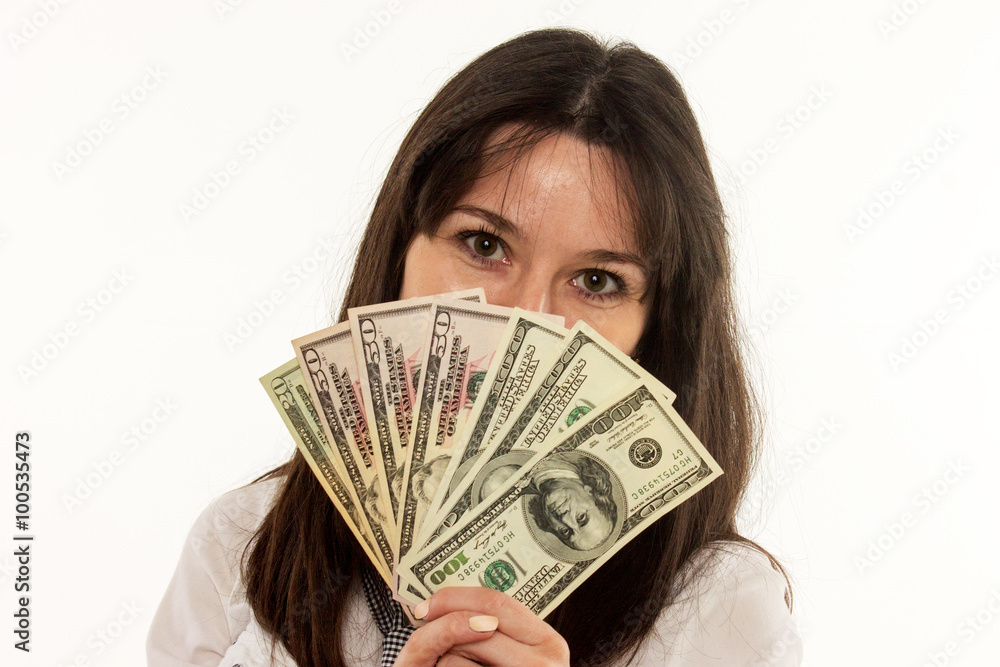 Girl Covering Half of Face with Dollar Notes