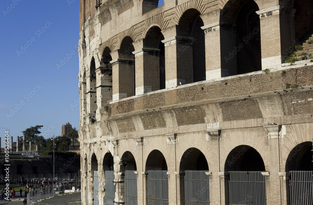 Close up detail of the external walls of Colosseum ruins in Rome, Italy