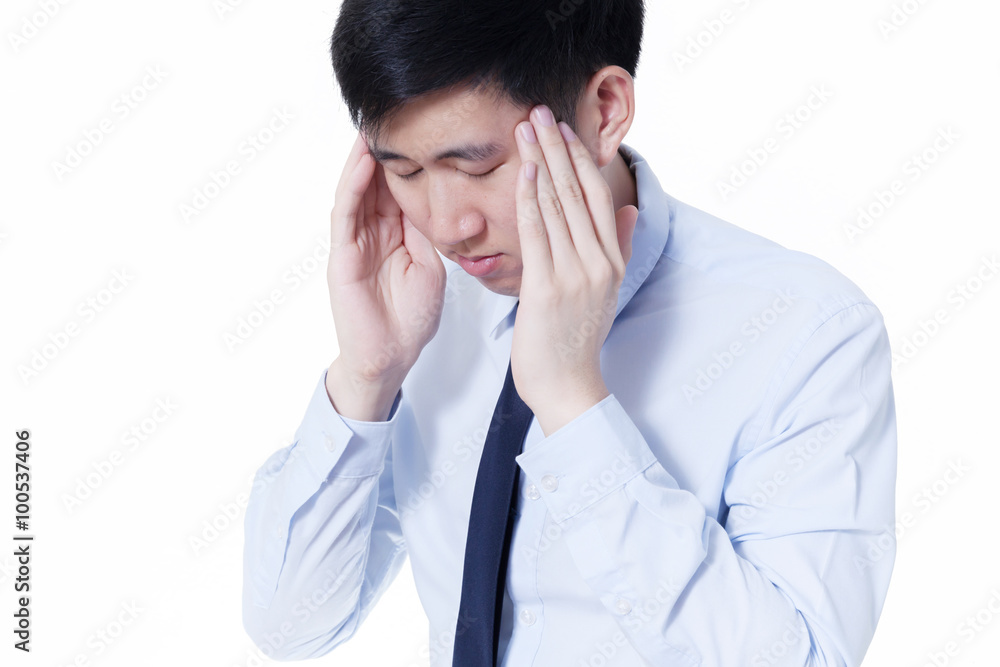 Young Asian businessman facing headache / migraine problems in white isolated Young Asian businessman facing headache / migraine problems in white isolated