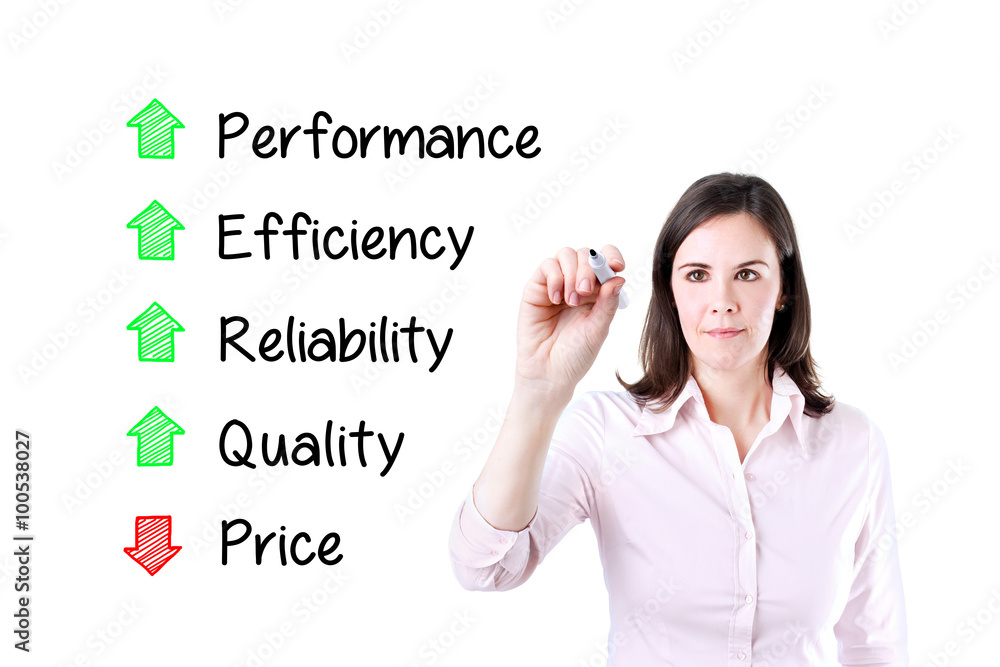 Businesswoman writing decreased price compare with increased quality, reliability, efficiency, performance. Isolated on white. Businesswoman writing decreased price compare with increased quality, reliability, efficiency, performance. Isolated on white.