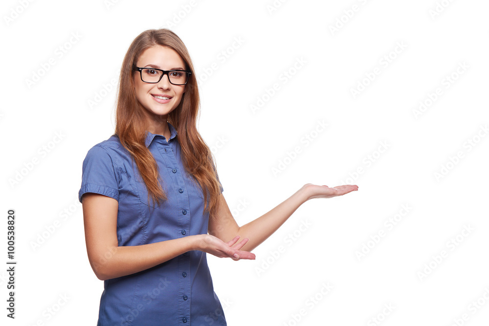 Smiling business woman showing open hand palm Smiling business woman showing open hand palm