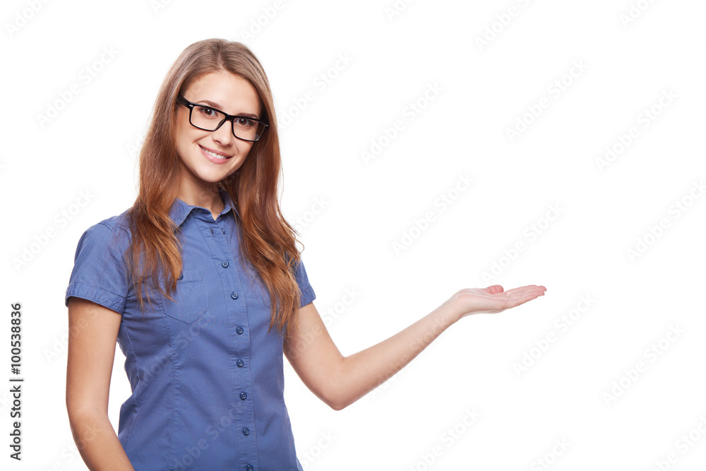 Smiling business woman showing open hand palm Smiling business woman showing open hand palm