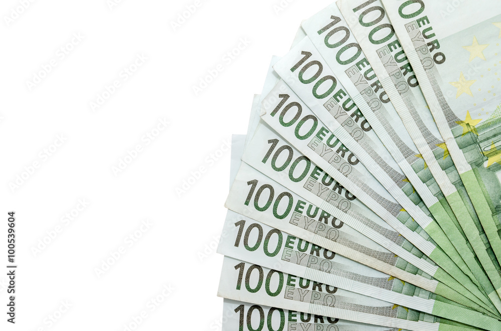 100 Euro banknotes isolated close-up 100 Euro banknotes isolated close-up