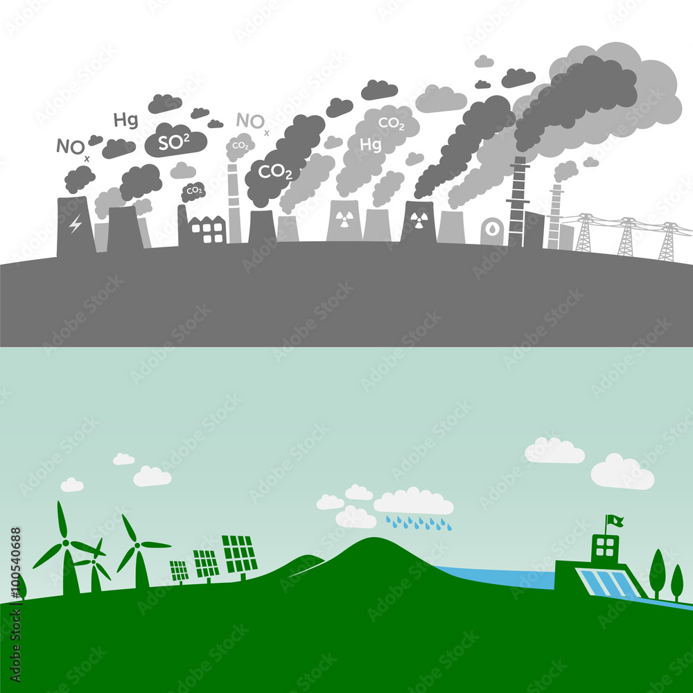 Pollution from classic power plants vs. green types of power plants (water, solar, geothermal, wind). Sustainable development theme.