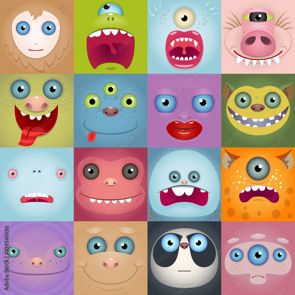 Set Of Funny Cartoon Monster Faces Set Of Funny Cartoon Monster Faces