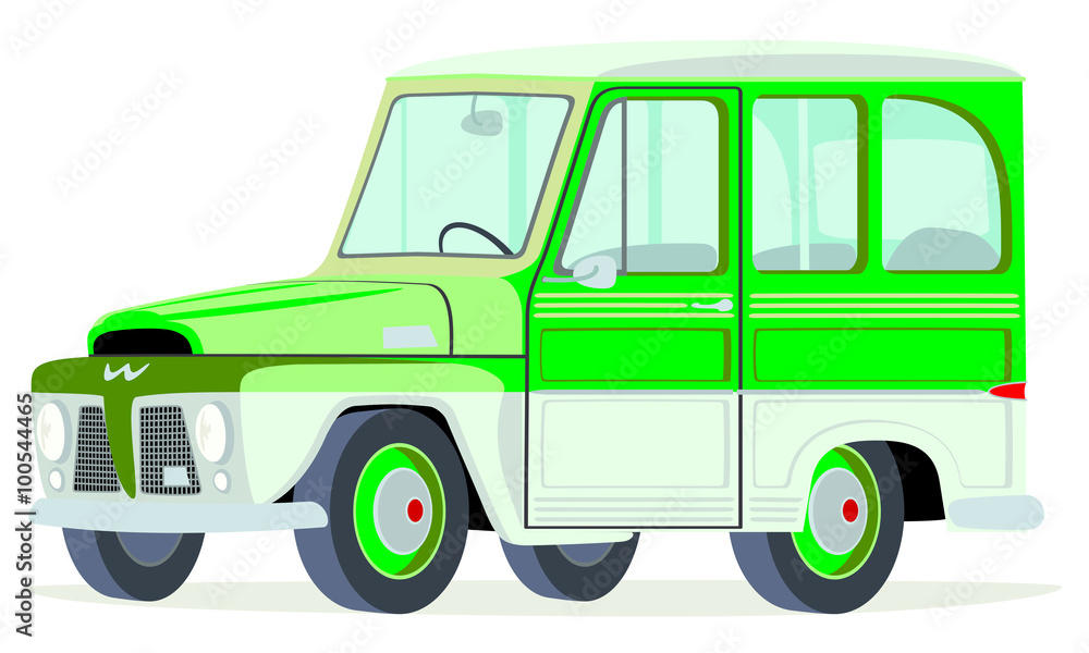 Caricatura Willys - Ford Rural Brasil blanca con verde vista frontal y lateral
