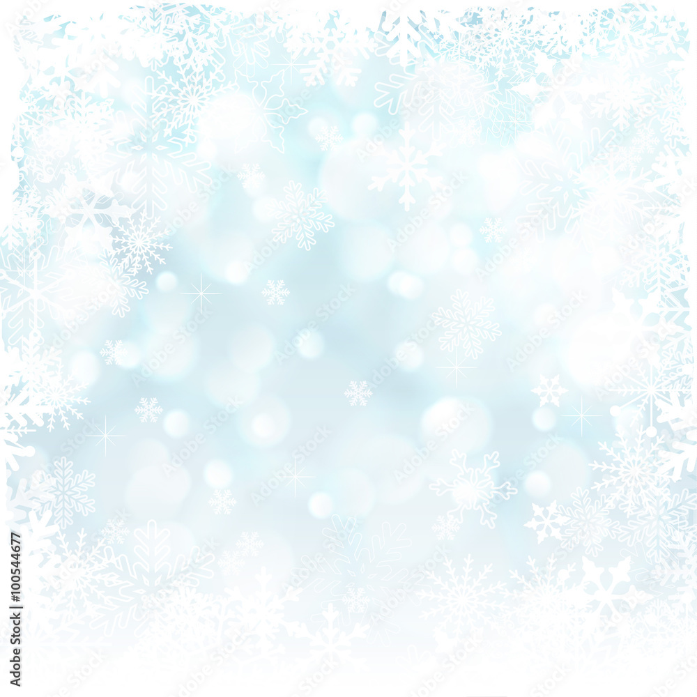 Blue Christmas background with snowflakes and with white frame.