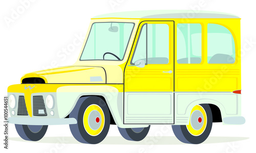 Caricatura Willys - Ford Rural Brasil blanca con amarillo vista frontal y lateral