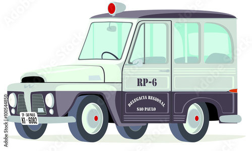 Caricatura Willys - Ford Rural Brasil Patrulla policía Sao Paulo vista frontal y lateral