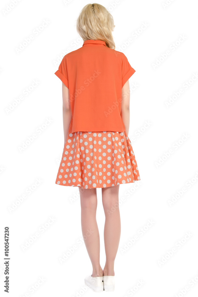 woman in a blouse and skirt back isolated on white woman in a blouse and skirt back isolated on white