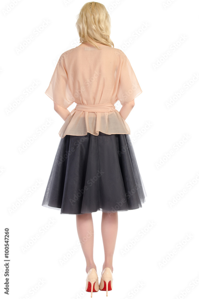 woman in a blouse and skirt back isolated on white woman in a blouse and skirt back isolated on white