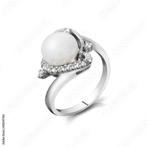 Jewelry. Silver ring with pearls and diamonds