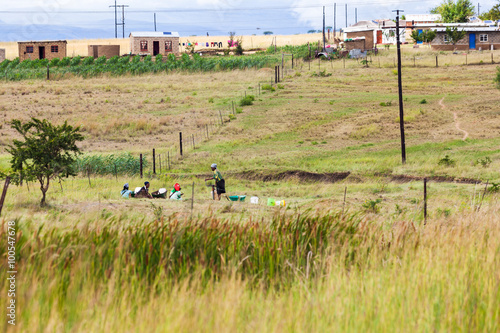 Bild auf Leinwand Ladies collect water for a rural settlement in Kwa zulu natal, in the foot hills of the Drakensburg mountains