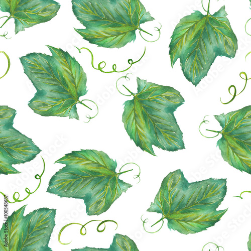 A seamless pattern with the hand-drawn grape leaves. Painted in a watercolor on a white background.