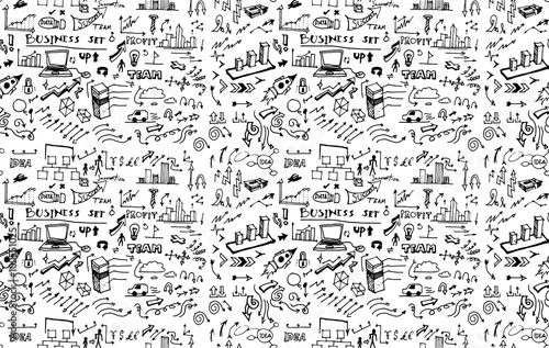 Hand drawn seamless doodle pattern with business symbols