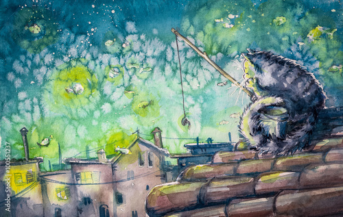 Night city scene-cat fishing on the roof.Watercolors illustration.