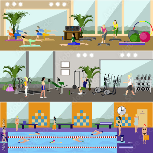 Horizontal vector banners with gym interiors. Sport activities concept. Yoga, fitness, swimming pool. Flat cartoon illustration.