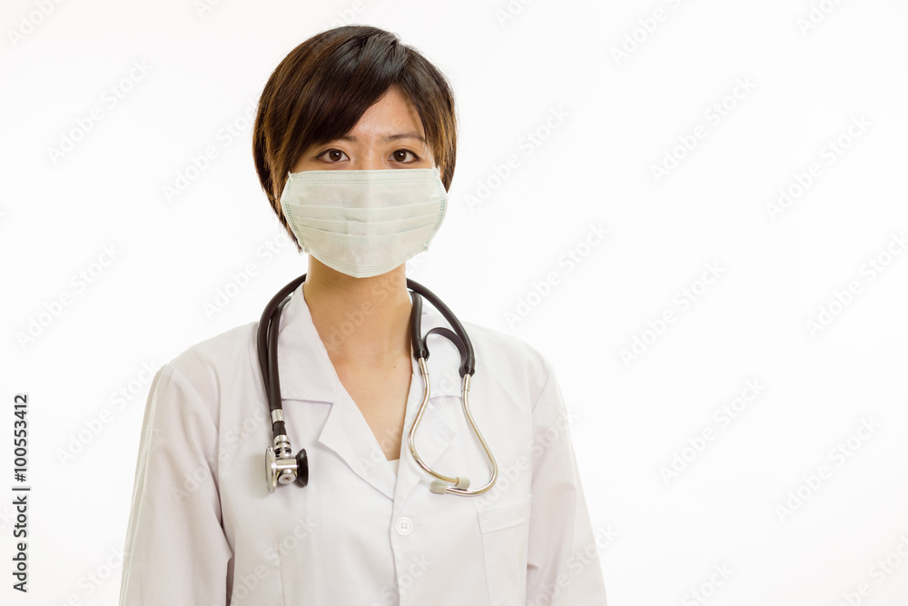 Asian female doctor with surgical mask looking at camera
