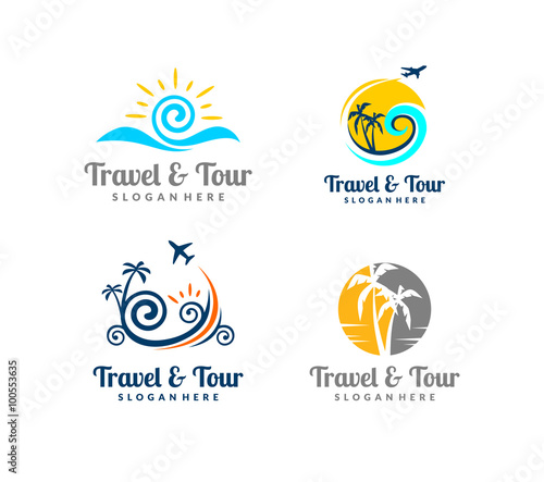 sun, palm, landscape, airplane, travel, tour, vector logo design 5
