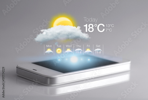 Smartphone with weather icon on light grey background.