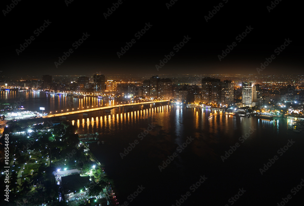 Aerial view of Nile river and bridge Cairo Egypt at night