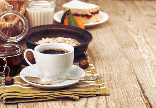 Cup coffee breakfast rustic style on wooden board