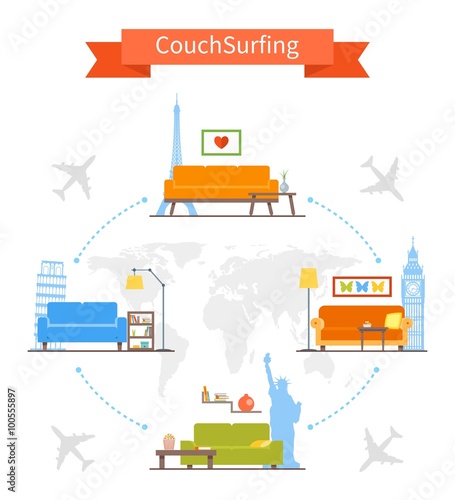 Couch Surfing and sharing economy concept. Vector illustration in flat style design. Travel infographic