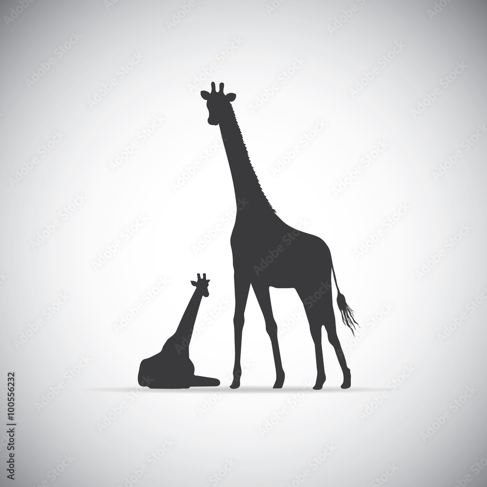 Fototapeta premium Vector silhouette of mother giraffe with her baby