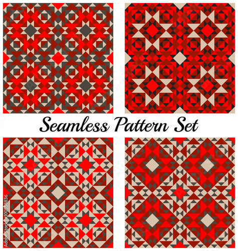 Set of four trendy geometric seamless patterns with different shapes of red, black and grey shades