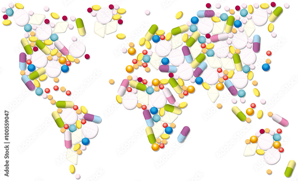 Pharmaceutical map of the world, as a symbol for global trading with medicines. Isolated vector illustration on white background. Pharmaceutical map of the world, as a symbol for global trading with medicines. Isolated vector illustration on white background.