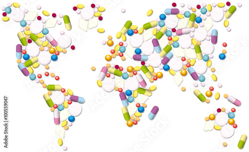 Pharmaceutical map of the world, as a symbol for global trading with medicines. Isolated vector illustration on white background.