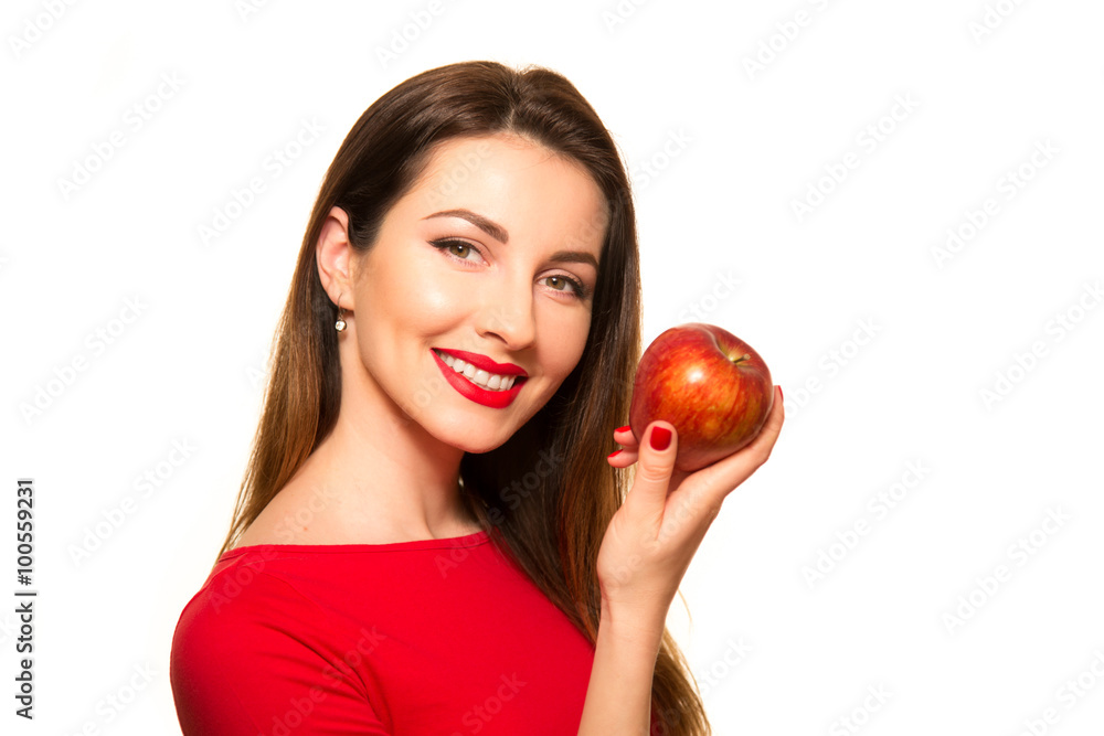 Woman Eating Red Apple Fruit Smiling Isolated on White Backgroun Woman Eating Red Apple Fruit Smiling Isolated on White Backgroun