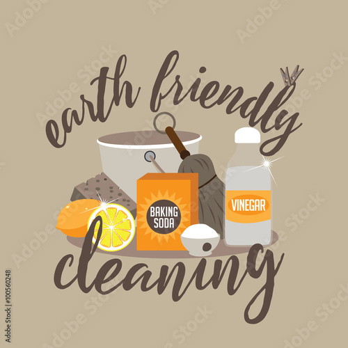 Earth friendly cleaning naturally with baking soda, vinegar and lemon flat design
