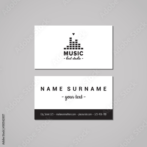 Music studio business card design concept. Music studio logo with musical visualization and heart. Vintage, hipster and retro style. Black and white.