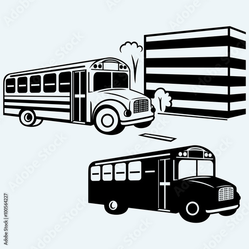 School bus driving along street. Isolated on blue background. Vector silhouettes