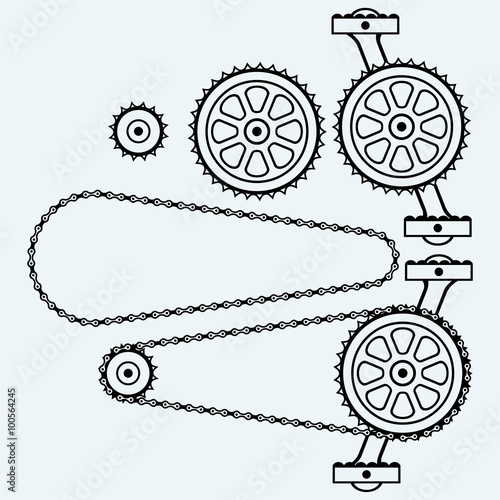 Set chain gears. Isolated on blue background. Vector silhouettes