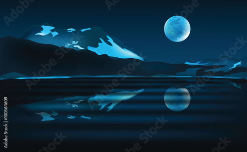 Night landscape scene with mountains, lake and moon