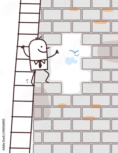 cartoon man climbing to an opening in the wall