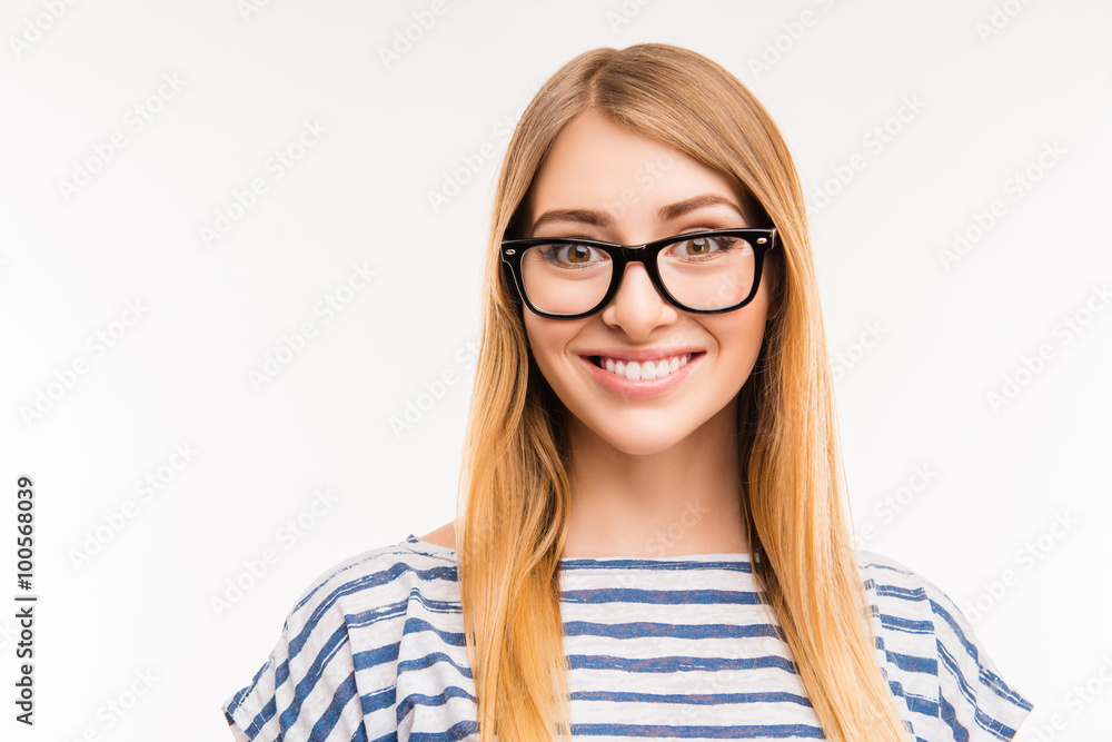 Close up photo of cheerful girl in glasses Close up photo of cheerful girl in glasses