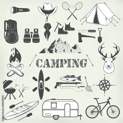 Set of camping equipment symbols and icons.