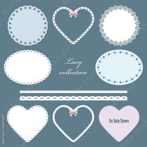 Lacy doilies. Oval, round, in the shape of heart napkins and straight lace set.