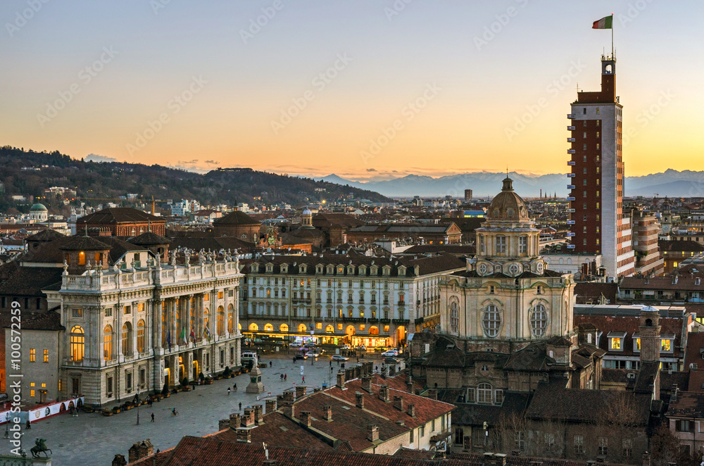 Fototapeta premium Turin (Torino), view from the Cathedral Tower at sunset