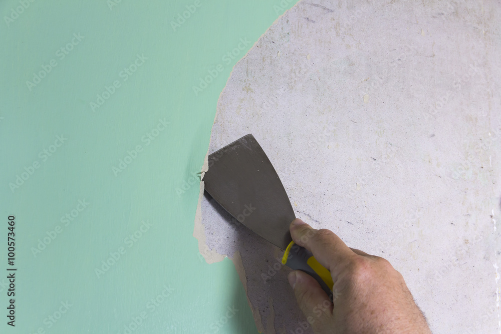 DIY man wallpaper stripping. Using a stripping tool to remove old