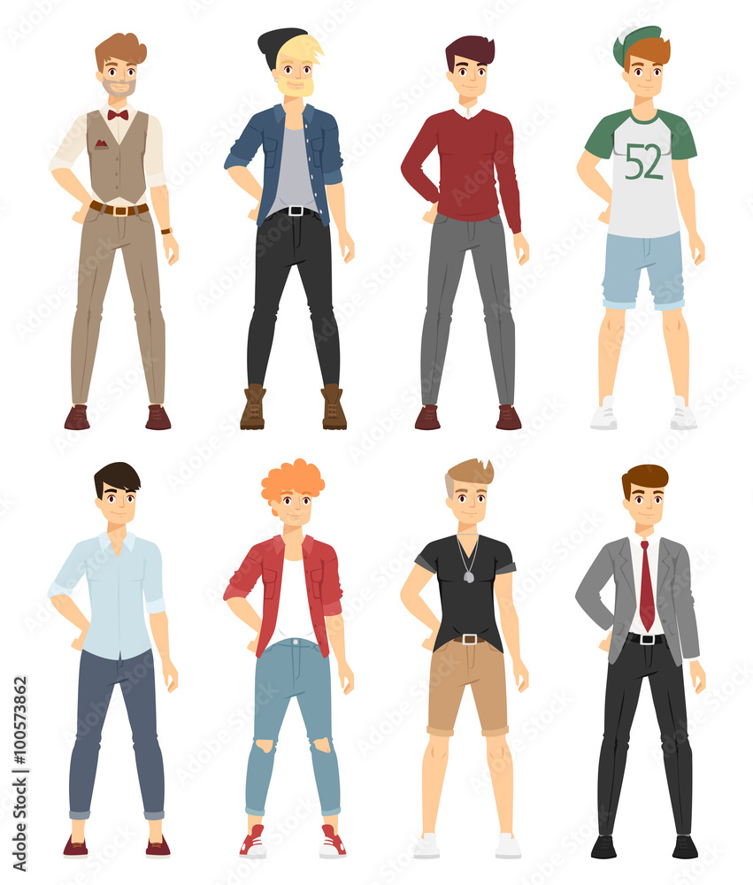 Beautiful vector cartoon fashion boy models look standing over white background