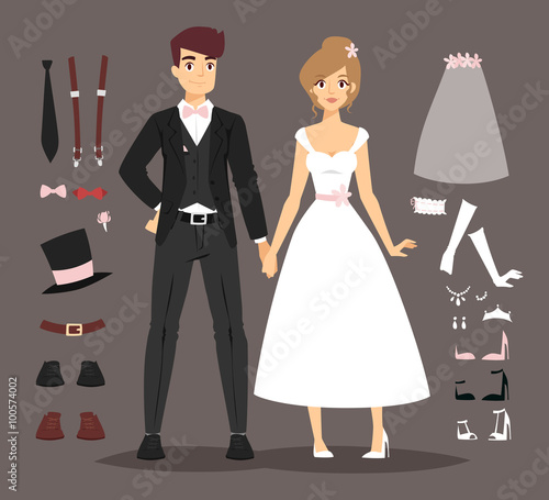 Cartoon wedding couple and ixons vector illustration