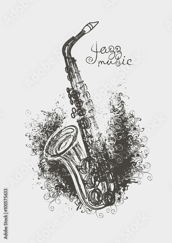 Vector drawing of a saxophone with floral patterns