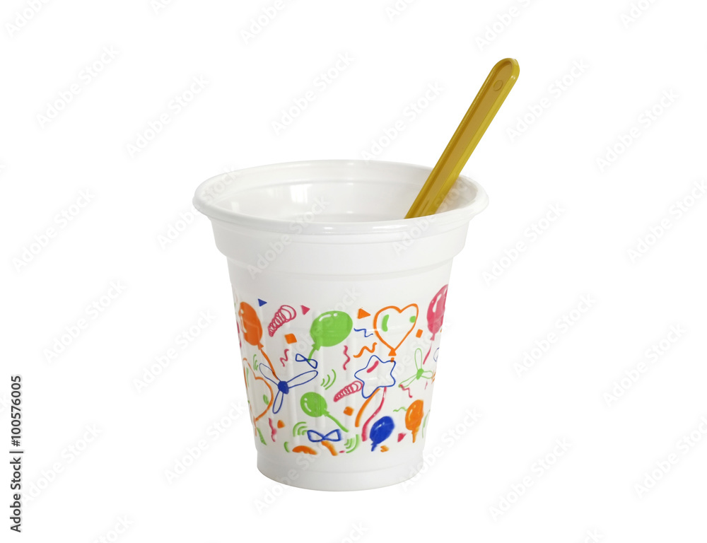 Plastic cup/ Empty plastic cup with spoon on white background. Plastic cup/ Empty plastic cup with spoon on white background.
