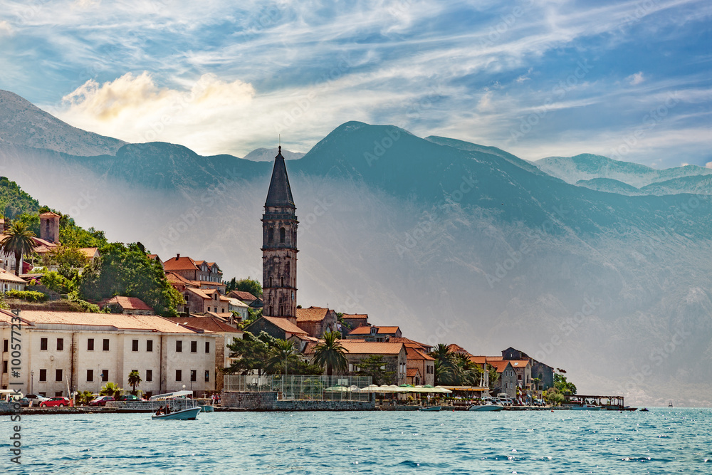 View from boat on Perast, Kotor Bay, Montenegro.