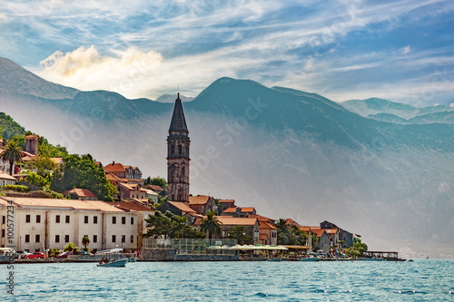 View from boat on Perast, Kotor Bay, Montenegro.
