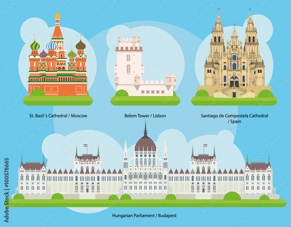 Vector illustration of Monuments and landmarks in Europe Set 2: St Basils Cathedral (Moscow), Belem Tower (Lisbon), Santiago de Compostela Cathedral (Spain) and Hungarian Parliament (Budapest).